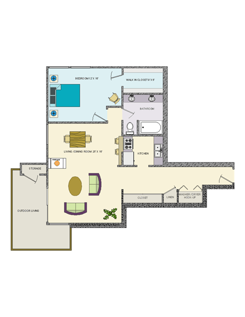 Floor plan for 1 bed, 1 bath, 964 sqft